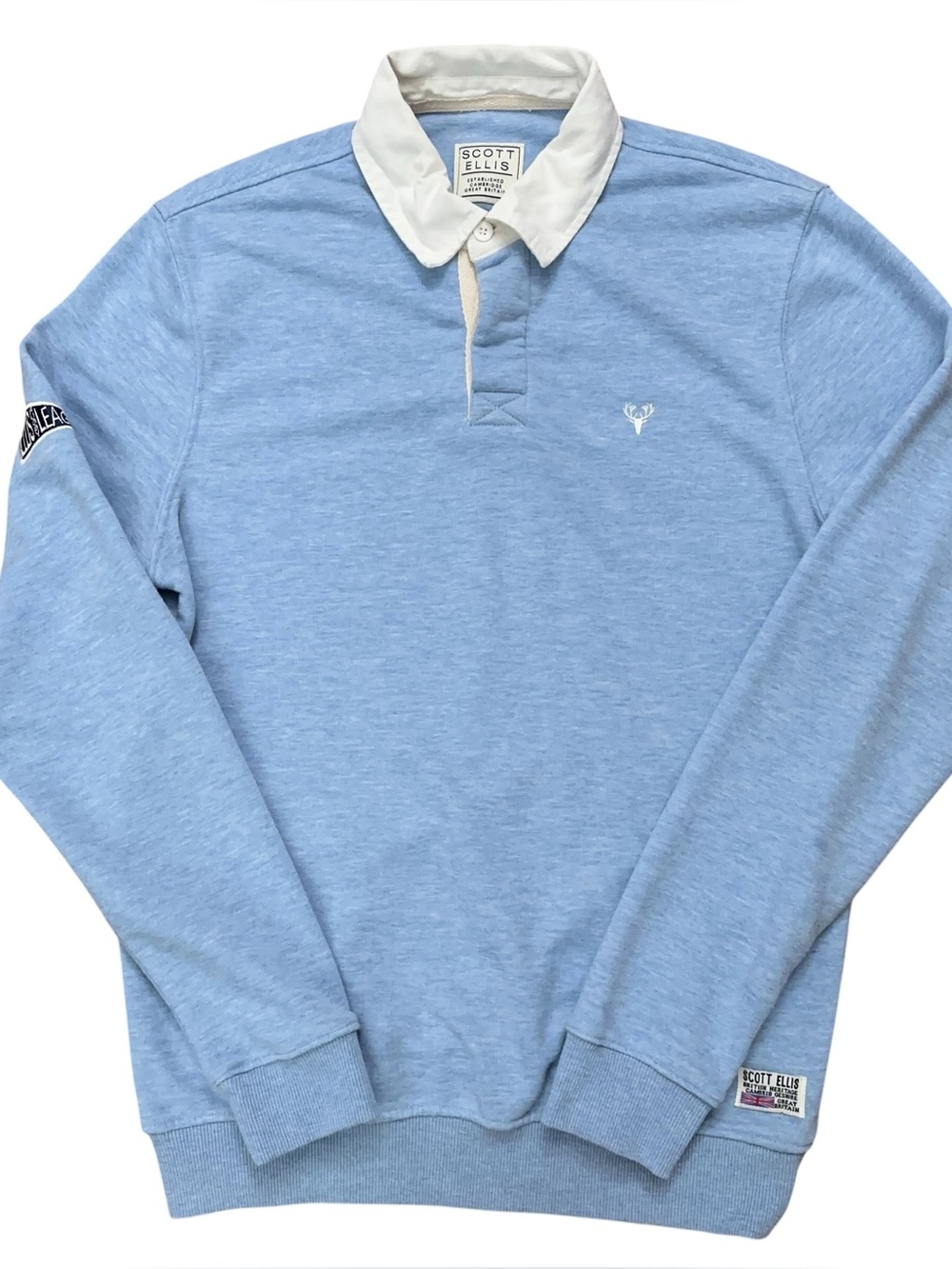 Scott Ellis Rugby Polo Shirt Mens M Long Sleeve Contrast Collar Stretch Blue